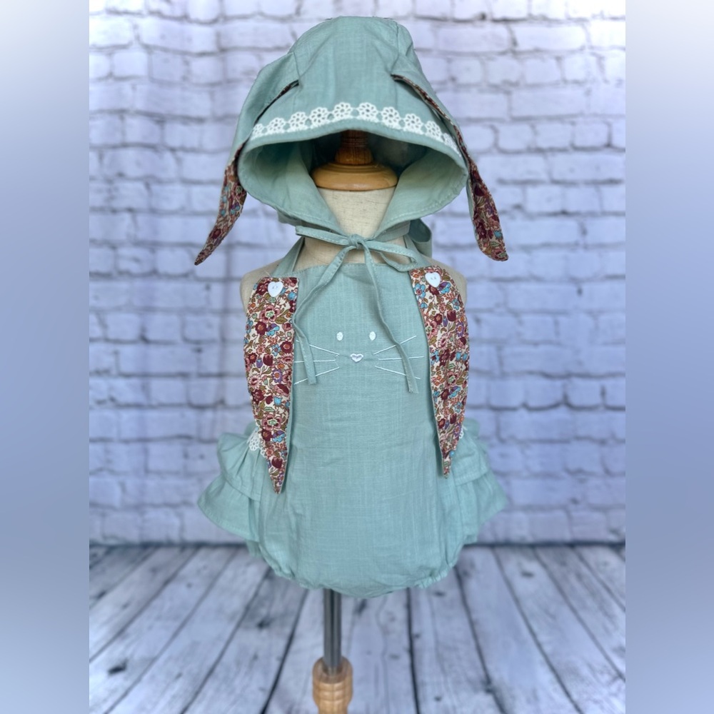 Mint bunny romper and bonnet 3/6m 6/12m 12/18m 18/24m